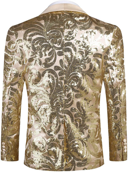 Men's Shiny Light Gold Floral Sequin Stylish Tuxedo Blazer