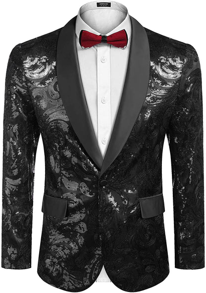 Men's Shiny Black Floral Sequin Stylish Tuxedo Blazer