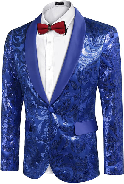 Men's Shiny Blue Floral Sequin Stylish Tuxedo Blazer