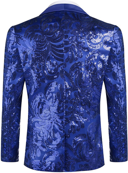 Men's Shiny Blue Floral Sequin Stylish Tuxedo Blazer