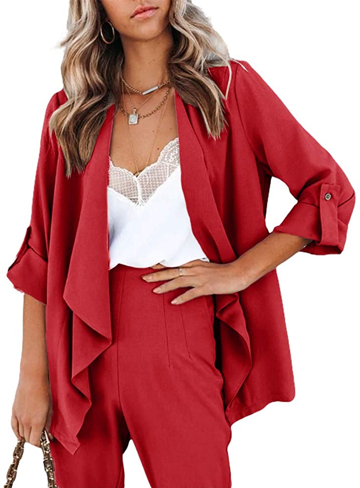 Red Draped Open Front Casual Long Sleeve Blazer