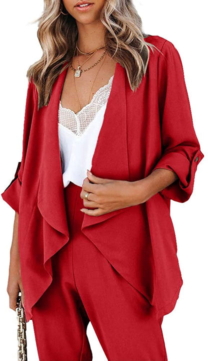 Red Draped Open Front Casual Long Sleeve Blazer