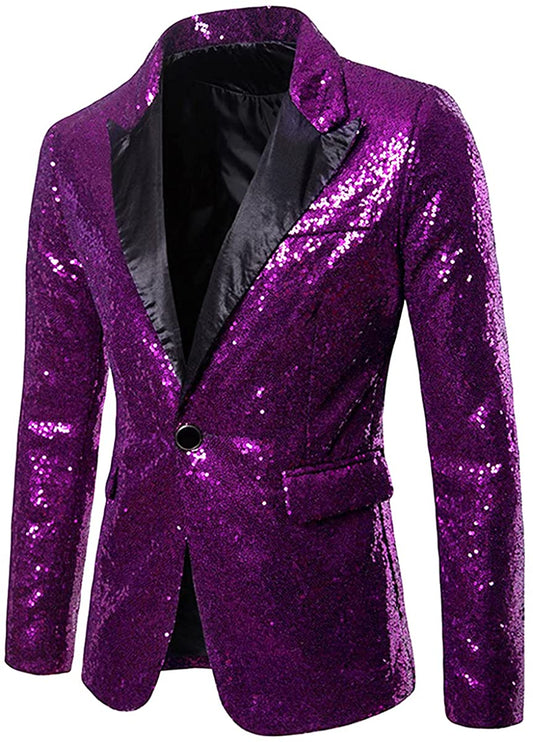 Men's One Button Purple Sequin Blazer