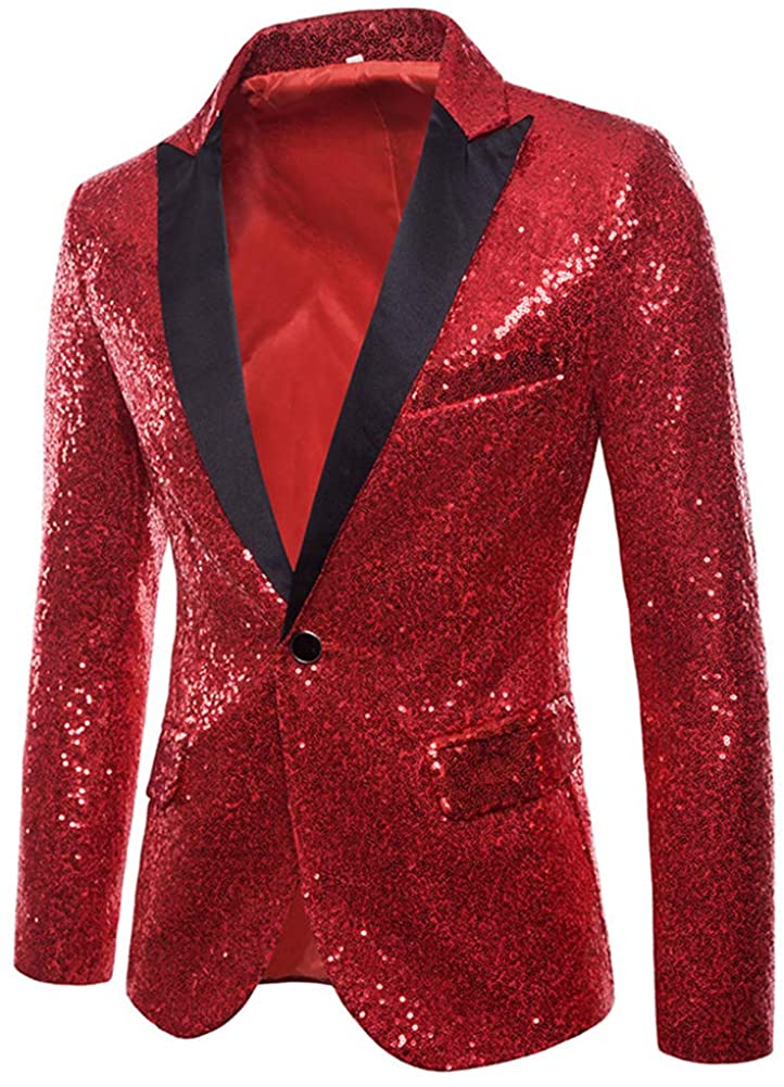 Men's One Button Red Sequin Formal Blazer