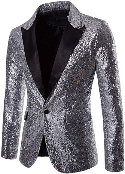 Men's One Button Silver Sequin Blazer Jacket