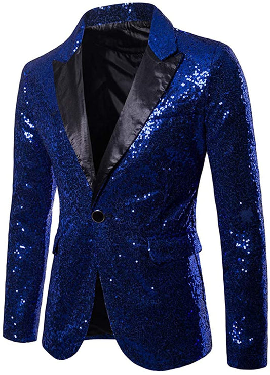 Men's One Button Blue Sequin Blazer