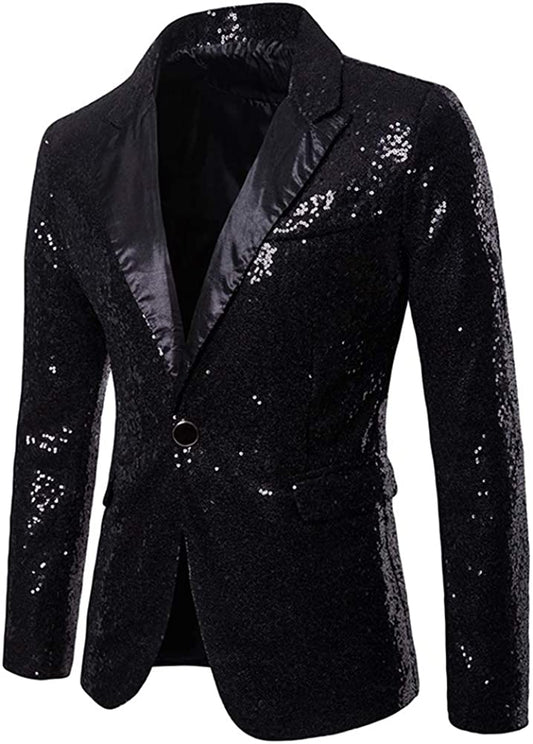 Men's Black One Button Sequin Formal Blazer