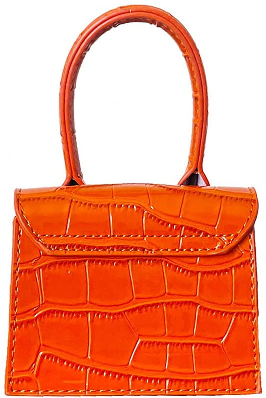 Mini Crossbody Orange Purse Leather Crocodile Style Top Handle Clutch Handbag