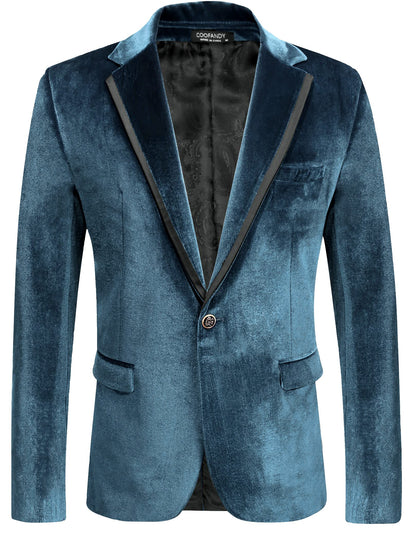 Dark Blue Peacock Men's Designer Style Velvet Lapel Long Sleeve Blazer
