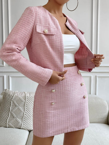 Dusty Pink Plaid Tweed Blazer Jacket & Skirt Set