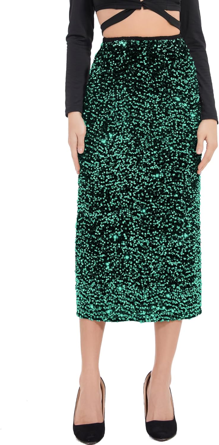 Sparkle Chic Emerald Green Sequin Stretch Midi Skirt