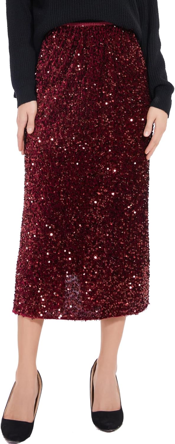 Sparkle Chic Emerald Green Sequin Stretch Midi Skirt