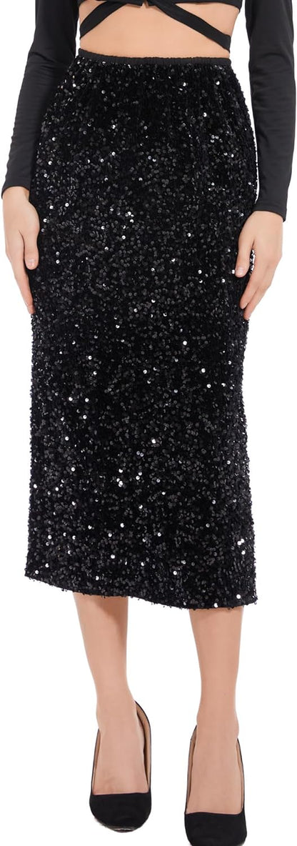 Sparkle Chic Emerald Green Sequin Stretch Midi Skirt