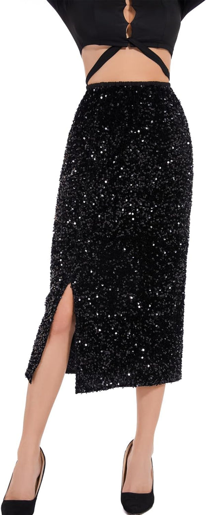 Sparkle Chic Emerald Green Sequin Stretch Midi Skirt