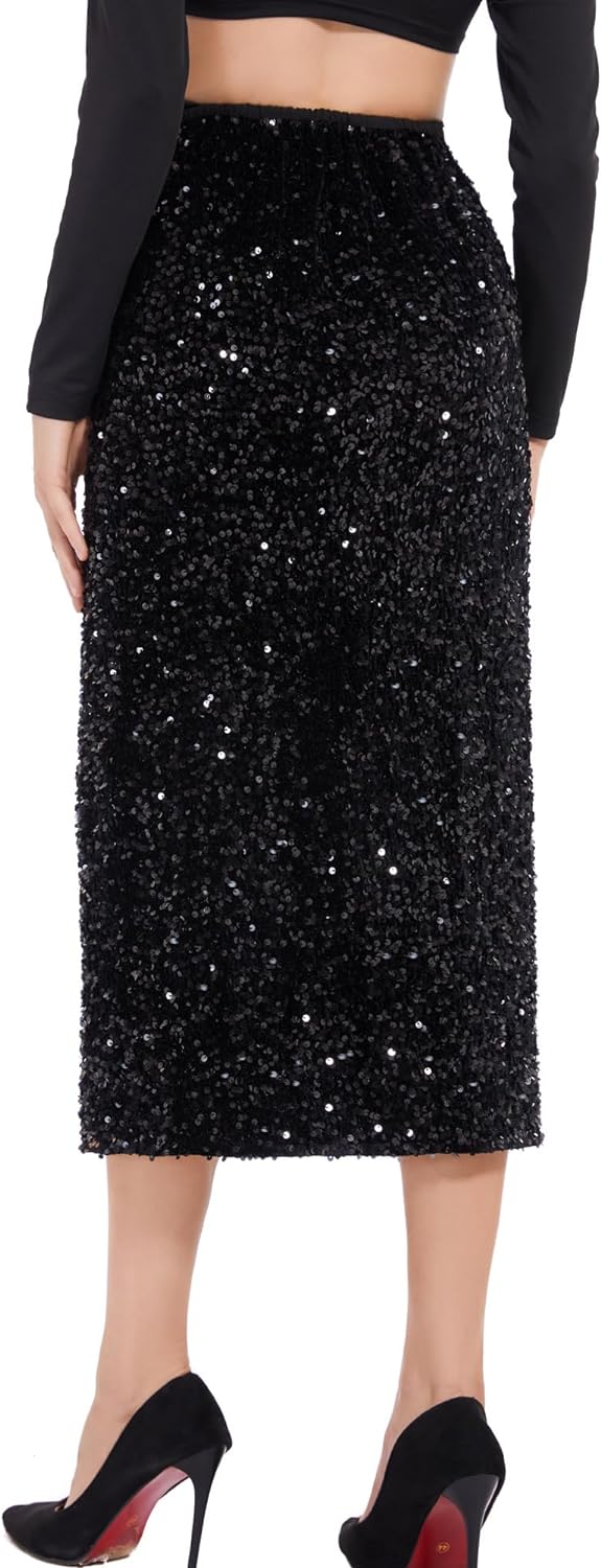 Sparkle Chic Emerald Green Sequin Stretch Midi Skirt