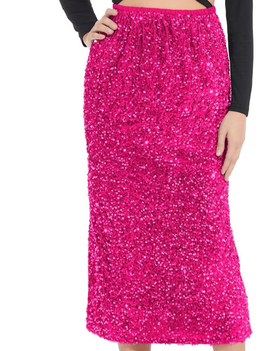 Sparkle Chic Fuchsia Pink Sequin Stretch Midi Skirt