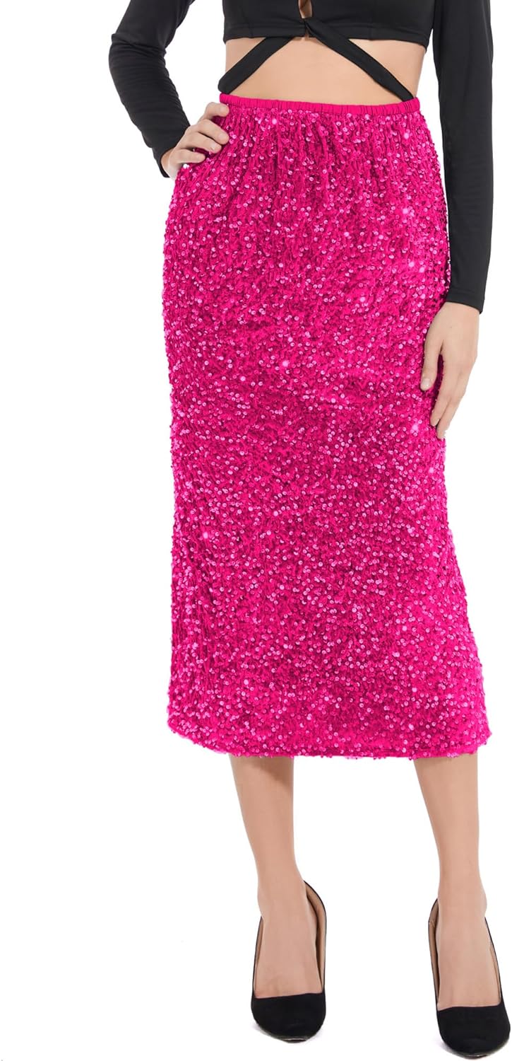 Sparkle Chic Light Pink Sequin Stretch Midi Skirt