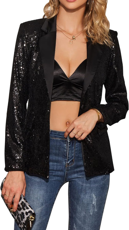 Shiny Silver Diamond Sequins Long Sleeve Blazer Jacket