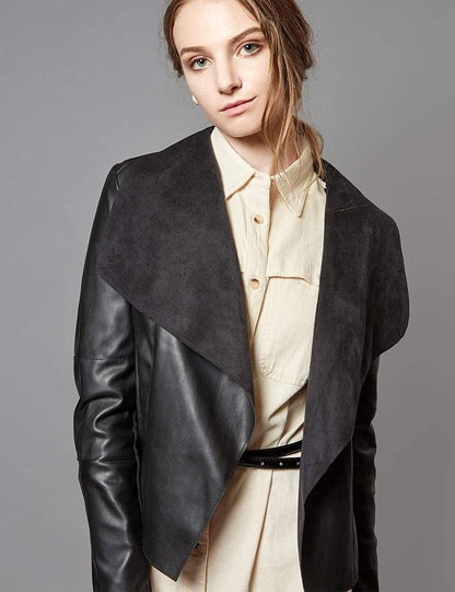 Black Open Front Slim Faux Leather Blazer Jacket