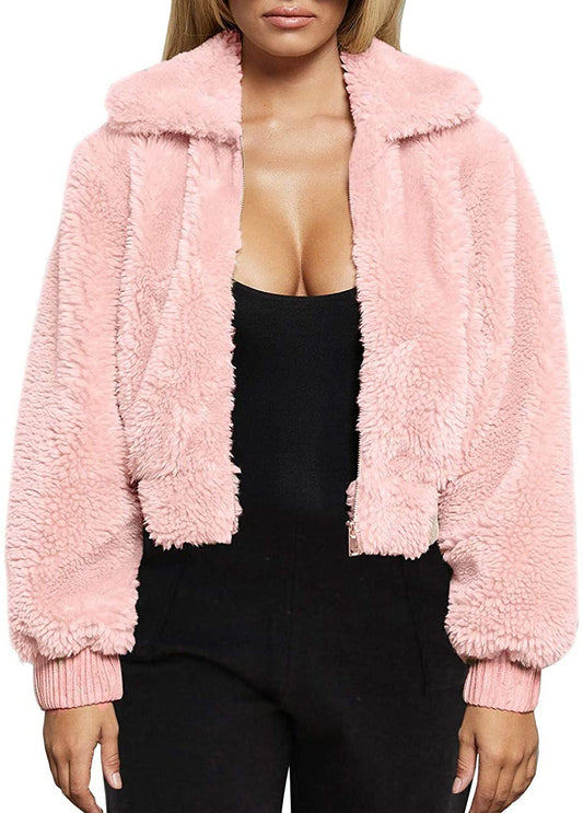 Warm Winter Cropped Faux Fur Zip-Up Pink Jacket with Pockets