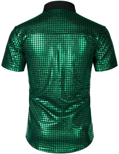 Men's Green Metallic Sequin Shiny Short Sleeve Shirt