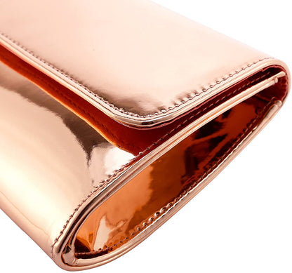 Designer Mirror Rose Gold Metallic  Clutch Patent Evening Bag