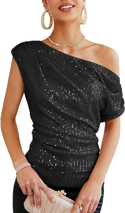 Sparkling Silver Asymmetrical Short Sleeve Sequin Top