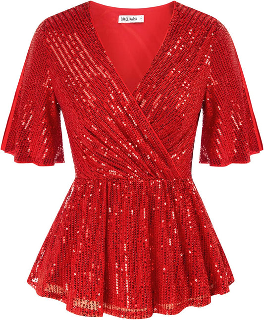 Red Sequin Peplum Top