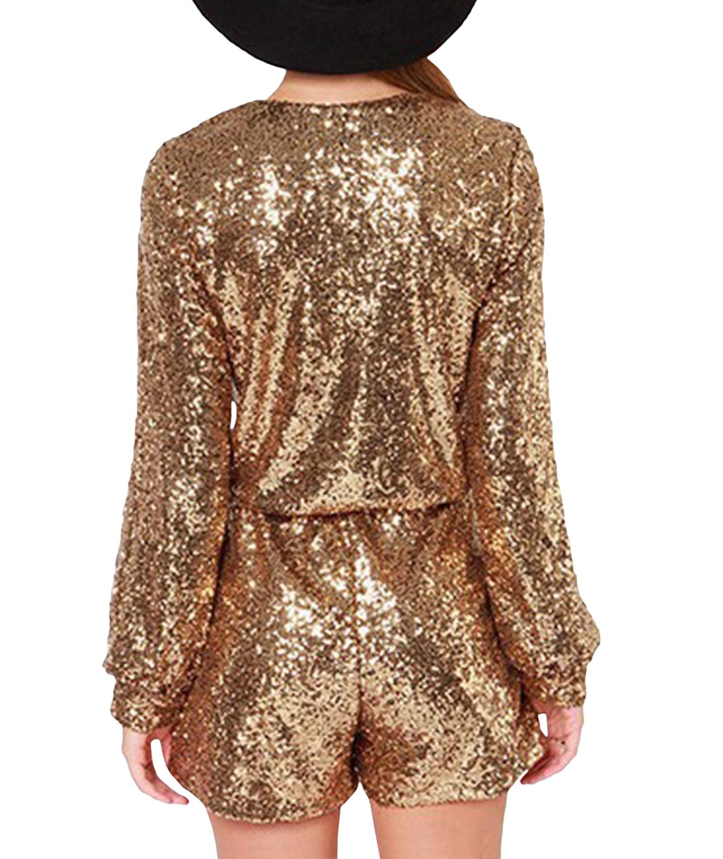 Gold Sequin Long Sleeve V Neck Shorts Romper