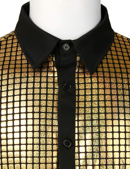 Men's Gold Metallic Sequin Shiny Short Sleeve Shirt