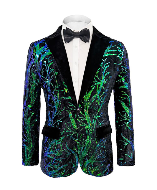 Green Men's Sequin Floral Glitter Long Sleeve Blazer