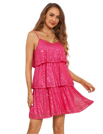 Hot Pink Ruffled Sequin Sleeveless Layered Mini Dress