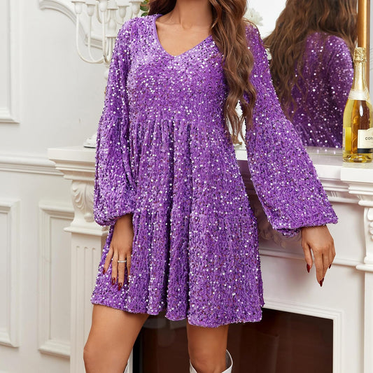 Sequined V Neck Purple Lantern Sleeve Sparkle Party Dress