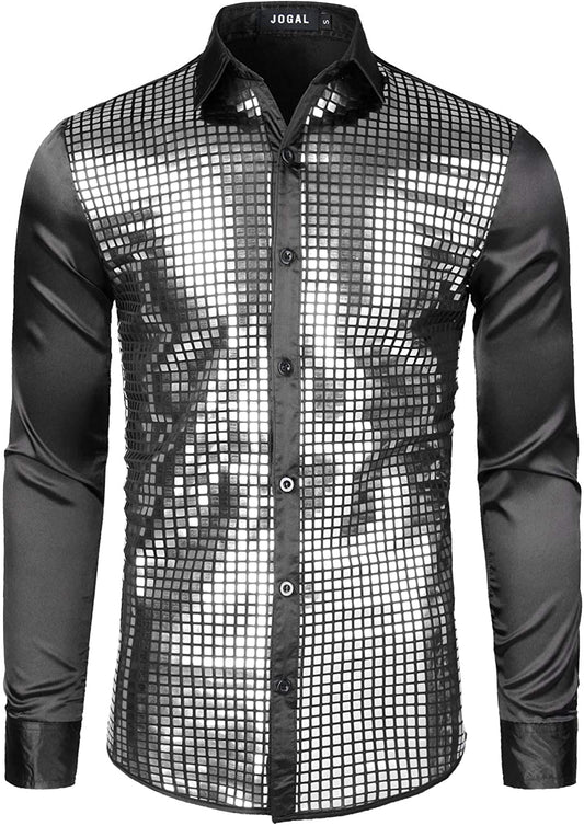 Men's Disco Black Silver Sequins Long Sleeve Button Down Shirt