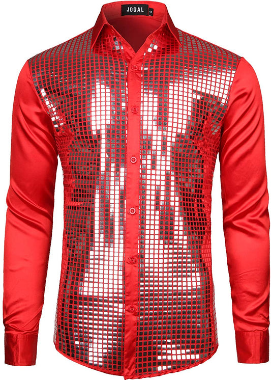 Men's Disco Red Sequin Long Sleeve Button Down Shirt