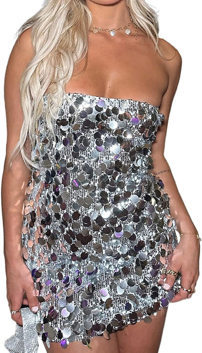 Black Glitter Sparkles Circle Sequined Strapless Mini Dress