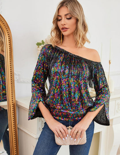 Black Sequin Fringe One Shoulder Long Sleeve Top