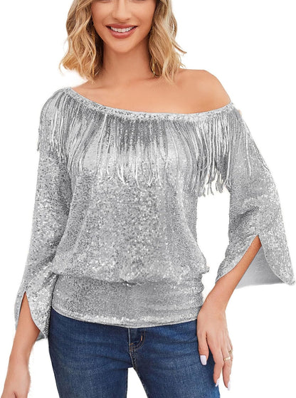 Black Sequin Fringe One Shoulder Long Sleeve Top