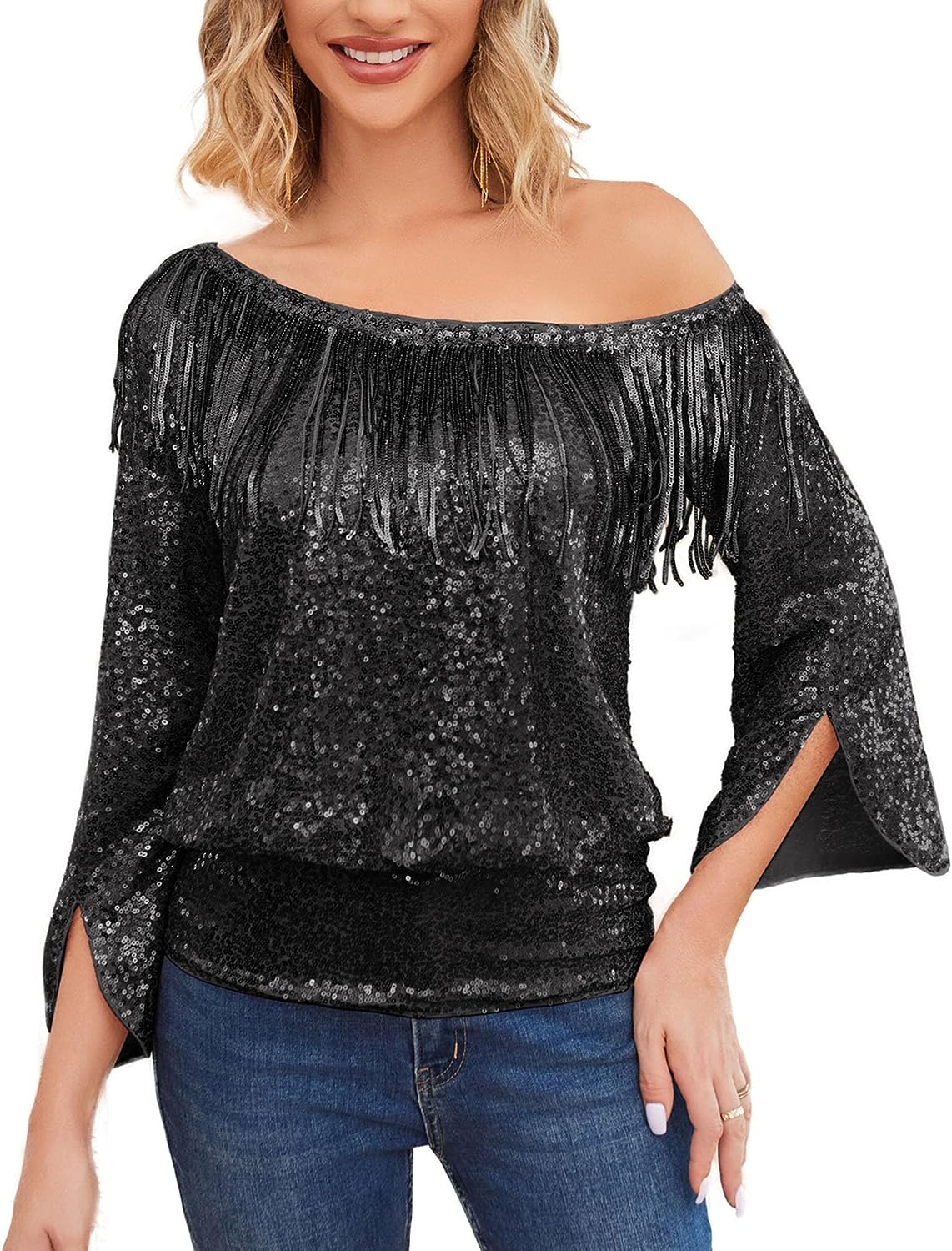 Black Sequin Fringe One Shoulder Long Sleeve Top