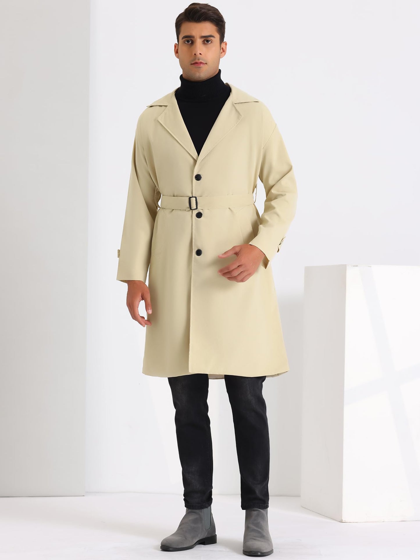 Khaki Men's Knotted Lapel Belted Trench Coat