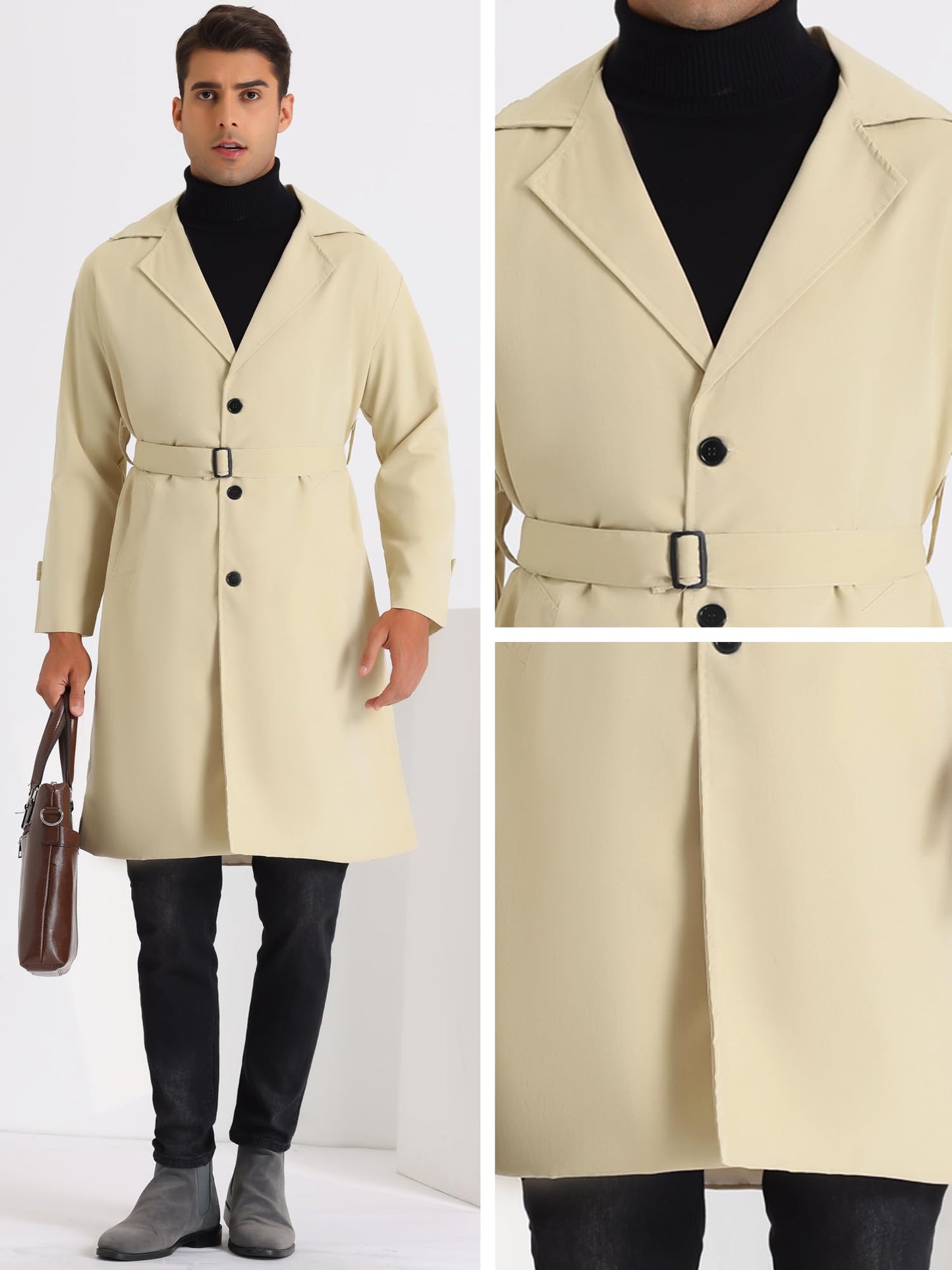 Khaki Men's Knotted Lapel Belted Trench Coat
