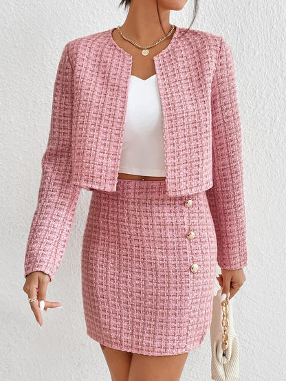 Light Pink Plaid Tweed Blazer Jacket & Skirt Set