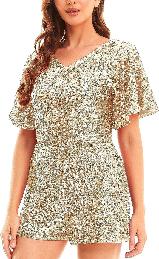 Gold Sequin Short Sleeve Shorts Romper