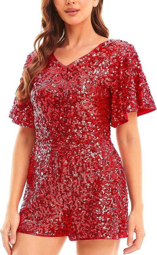 Red Sequin Short Sleeve Shorts Romper