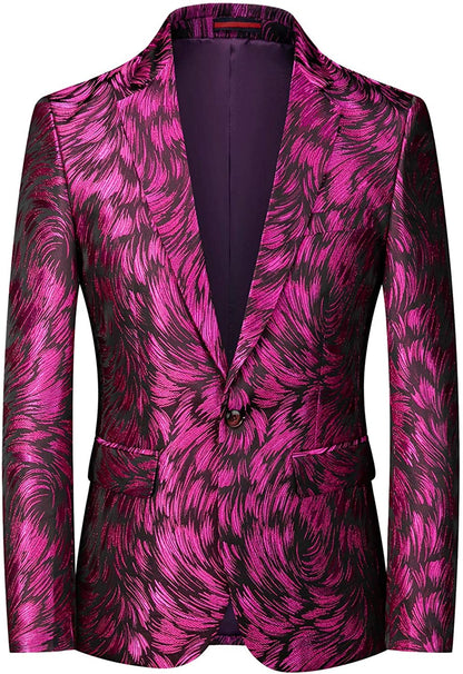 Italian Style Men's Single Breasted Fuchsia Pink Leaf Printed Blazer