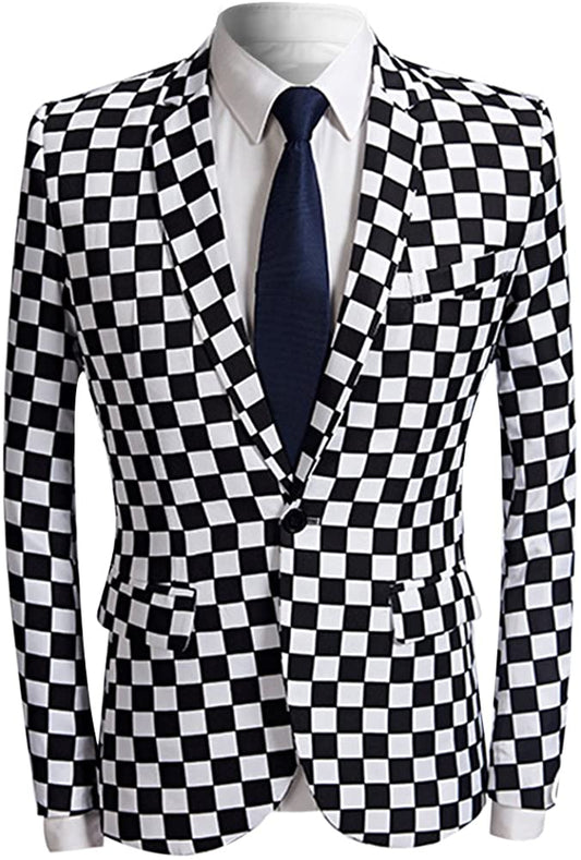 Men's Checkered Print Black-White Blazer Shirt & Tie Set