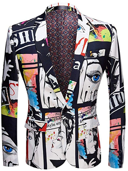 Men's Abstract Artistic Print Multicolor One Button Long Sleeve Blazer