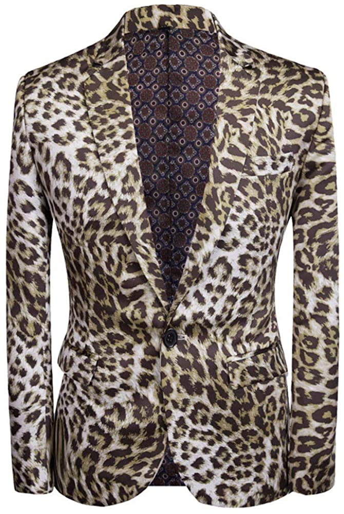 Men's Leopard Printed Brown One Button Long Sleeve Blazer