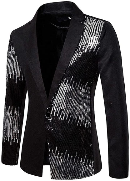 Men's Black Stylish Sequin Long Sleeve Slim Fit Blazer