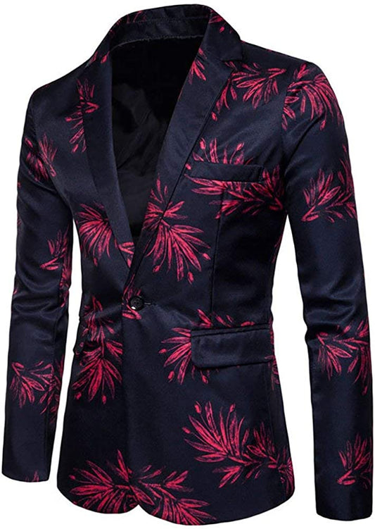 Slim Fit Red Leaf Printed One Button Coat